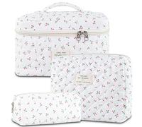 AMZMA Makeup Bag, 3 PCS Quilted Makeup Bag, Cute Floral Cotton Cosmetic Bag set, Coquette Makeup Pouch Large Travel Toiletry Bag, Cherry