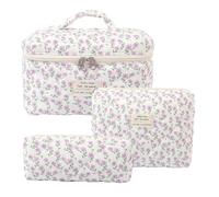 AMZMA Makeup Bag, 3 PCS Quilted Makeup Bag, Cute Floral Cotton Cosmetic Bag set, Coquette Makeup Pouch Large Travel Toiletry Bag, Flowers2-Pink