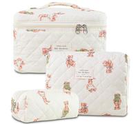 AMZMA Quilted Makeup Bag Set, Cute Floral Cotton Cosmetic Bag, Coquette Makeup Pouch Large Travel Toiletry Bag, Little Bear, Cute
