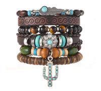 AMZNEVO Bohemian Leather Bracelet, Adjustable Multilayer Wrap Cuff, Tribal Wooden Beaded Hemp Rope Wristband for Men Women,6PCS