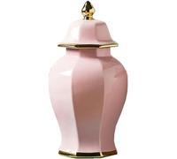 AMZOAKUD Pink Ginger Jar Vase Temple Jars with Lid Decor,Retro Porcelain Ginger Jar with with Gold Trim,Flower Vase for Home, Office, Table, Living Room, Bookshelf