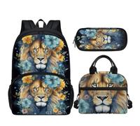 AmzPrint Black Cat Backpack With Lunch Box 3Pcs Kids Backpacks For Girls,Primary Middle School Bookbag And Lunch Box, Lion, 43cm*30cm*16cm, Backpack