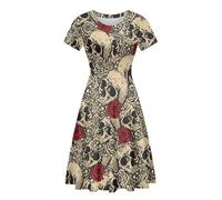 Amzprint Rose Crossbones Skeleton Sugar Skull Halloween Costume Elegant Casual Mini Swing A-Line Tshirt Dress for Women Party, Guns N Roses Skull and Roses, S