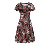 Amzprint Rose Crossbones Skeleton Sugar Skull Halloween Costume Elegant Casual Mini Swing A-Line Tshirt Dress for Women Party, Goth Skull Rose, M