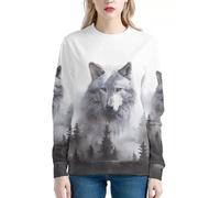 AmzPrint Ugly Christmas Sweatshirt For Women Snowflake Sweatshirts Crewneck Pullover Casual Xmas Tee Tops, Wolf, Large
