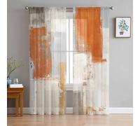 AMZRicher Orange Brown Gray Beige Sheer Curtains 63 Inch Length 2 Panels Set, Abstract Oil Painting Texture Semi Transparent Voile Rod Pocket Curtains for Living Dining Room Bedroom Drapes