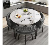 AMZSEW Dining Table and Chairs Set 4, Faux Marble Tabletop with 4 Upholstered Velvet Chairs, Kitchen Table Set for Apartment, for Dining Room,Living Room,Office, Kitchen, Reception (WHITE)