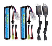 AMZZN 2PCS 11.1V 10C 2000mAh Li-ion Battery with SM2P Plug T-Plug Tamiya Plug Adapter Cable and USB Charging Cable Suitable for Toy Gun Airsoft Gel Water Bead Blaster Backup Battery