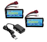 AMZZN 2PCS 7.4V 2000mAh 15C 2S T-Plug Lipo Battery with 2-in-1 Charger for WLtoys 12423 MJX 14301 14303 14302 H16PL HP162S HM124 High-Speed RC Cars 1/10, 1/12, 1/16 Toy Cars and Trucks