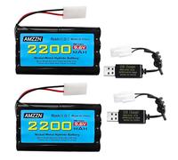 AMZZN 2PCS 9.6V 2200mAh AA NiMH Battery with Tamiya Plug and 2PCS USB Charging Cable for RC Toy Cars, Trucks, Tanks, Engineering Vehicles, RC Ships, Rechargeable Battery Accessories