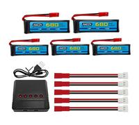 AMZZN 5PCS 3.7V 680mAh 1S Lipo Battery with JST Plug and 5-in-1 Charger for UDI U817 U818A V959 V222 V929 S032 RC Drone, Four Axis Aircraft Battery Accessories