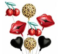 An 8-piece black and red foil balloon set, including cherry print, red lip, leopard print, and black heart-shaped balloons.