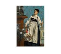 An Aspiring Connoisseur by Alfred Stevens - 19th Century Realism Wall Art Print Featuring A Housemaid with Duster And Broom Canvas Wall Art Picture Prints Hanging Photo Gift Idea Decor Homes Artworks