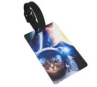 an Astronaut Cat Floats Above Earth,Stars Provide The Background 2 Pcs Luggage Tags, Privacy Cover ID Label Loop and Address Card for Travel Bag Suitcase
