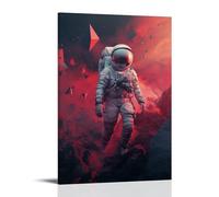 An Astronaut Composed of Fragmented Digital Polygons Exploring A Surreal, Crimson-hued Alien Landscape with Floating Geometric Mountains, Blending Abstract And Sci-fi Elements. Wall Art Mural Modern D