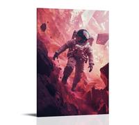 An Astronaut Composed of Fragmented Digital Polygons Exploring A Surreal, Crimson-hued Alien Landscape with Floating Geometric Mountains, Blending Abstract And Sci-fi Elements. Wall Art Mural Modern D