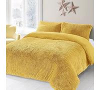 AN Direct Luxury Cuddles Alaska Teddy Bear Fleece Duvet Cover Warm Long Fur Bedding Set & Thermal bedding with Fluffy Pillow Covers (Ochre, Super King)