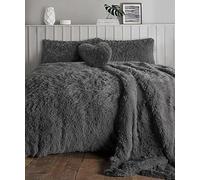 AN Direct Luxury Cuddles Alaska Teddy Bear Fleece Duvet Cover Warm Long Fur Bedding Set & Thermal bedding with Fluffy Pillow Covers (Charcoal, Single)
