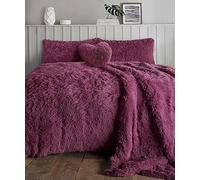 AN Direct Luxury Cuddles Alaska Teddy Bear Fleece Duvet Cover Warm Long Fur Bedding Set & Thermal bedding with Fluffy Pillow Covers (Plum, King (U.K. Standard))