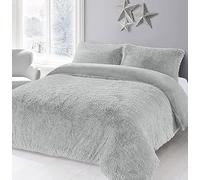 AN Direct Luxury Cuddles Alaska Teddy Bear Fleece Duvet Cover Warm Long Fur Bedding Set & Thermal bedding with Fluffy Pillow Covers (Silver, Double)