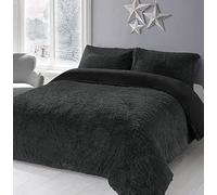 AN Direct Luxury Cuddles Alaska Teddy Bear Fleece Duvet Cover Warm Long Fur Bedding Set & Thermal bedding with Fluffy Pillow Covers (Black, Super King)
