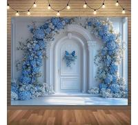 An elegant floral arch with blue floral background fabric featuring daffodils and vines, perfect for weddings and birthdays 210X150cm