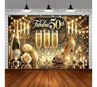An excellent banner for a 50th birthday party with background and an elegant design of golden champagne and roses