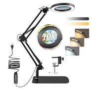 AN HUI MING 10X Magnifying Glass with Light and Stand, Rechargeable Magnifying Glasses Lamp Adjustable Arm, 3 Color 4.13" Magnifier Lamp, Flexible LED Magnifier Desk for Reading Painting Work