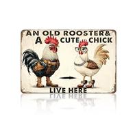 An Old Rooster A Cute Chick Live Here Metal Sign Retro Wall Decor for Farmhouse Kitchen Cafe Home Yard 8"x12"