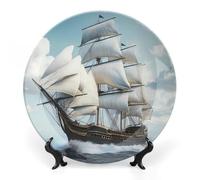 an Old Sailing Ship Bone China Decorative Plate with Display Stand Ceramic Dinner Plates Wall Decor for Home Kitchen 10inch