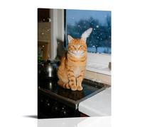 An Orange Cat Squats on The Stove with Paws Tucked, Whiskers Dusted with Snow, While Goose Feather Snow Falls Outside The Window Fashionable Wall Decor - Hanging Art Poster And Mural20x30inch(50x75cm)
