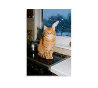 An Orange Cat Squats on The Stove with Paws Tucked, Whiskers Dusted with Snow, While Goose Feather Snow Falls Outside The Window Fashionable Wall Decor - Hanging Art Poster And Mural20x30inch(50x75cm)