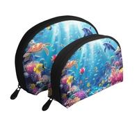 an Underwater Wonderland of Sea Turtles Printed Makeup Bags 2-Piece Portable Shell Travel Toiletry Bag