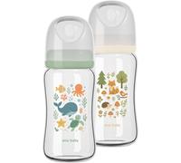 ana baby Pure Glass Bottle Set - 2 Pack | BPA-Free Borosilicate Glass Baby Feeding Bottles with Soft Silicone Teats, Anti-Colic Vented Design | Under The Sea & Woodland Patterns (240ml x 2)