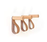 anaan 'Forest' Coat Hooks Wood with Leather Strap Wall Hook Wooden Wall Mounted Hangers Clothes Scarf Hat Bag Towel Scandi Decoration Design Modern (Set of 3)