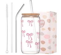 ANABIUP Coquette Cute Pink Bow Glass Cups with Lids and Straws, Aesthetic Iced Coffee Cup, Girly Preppy Design Tumbler Mug for Teen Girls Women Girlfriends Gifts