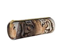 ANABPRMA 3D Tiger Head Leather Pencil Pouch Cylindrical Pen Case for School Office Supplies with Zipper Closure Portable Bag