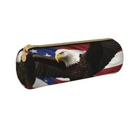 ANABPRMA American Flag Fly Eagle Leather Pencil Pouch Cylindrical Pen Case for School Office Supplies with Zipper Closure Portable Bag