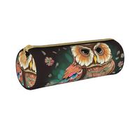 ANABPRMA Anime Owl Leather Pencil Pouch Cylindrical Pen Case for School Office Supplies with Zipper Closure Portable Bag