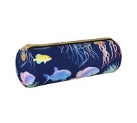 ANABPRMA Aquatic Sea Animal Leather Pencil Pouch Cylindrical Pen Case for School Office Supplies with Zipper Closure Portable Bag