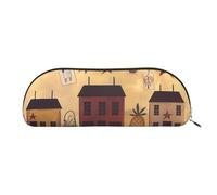 ANABPRMA Beige Brown House and Fruit Leather Pencil Bag, Leather Half-Circle Storage Pouch - for Makeup, Pens, and Essentials