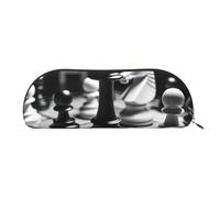 ANABPRMA Black and White Chess Leather Pencil Bag, Leather Half-Circle Storage Pouch - for Makeup, Pens, and Essentials