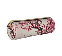 ANABPRMA Blooming Cherry Tree Leather Pencil Pouch Cylindrical Pen Case for School Office Supplies with Zipper Closure Portable Bag