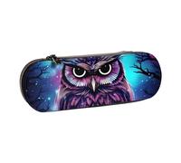 ANABPRMA Blue Owl Hard Shell Leather Pencil Case, Multi-Use Zipper Box for Stationery, Makeup or Small Accessories