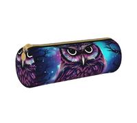ANABPRMA Blue Owl Leather Pencil Pouch Cylindrical Pen Case for School Office Supplies with Zipper Closure Portable Bag