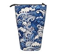 ANABPRMA Blue Polynesian Maori Tribal Pattern Telescopic Standing Pencil Case Adjustable Pen Pouch with Zipper Oxford Organizer for School Office
