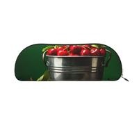 ANABPRMA Bucket with Full of Cherries Leather Pencil Bag, Leather Half-Circle Storage Pouch - for Makeup, Pens, and Essentials