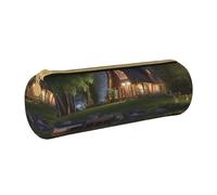 ANABPRMA Chalet by The Lake Leather Pencil Pouch Cylindrical Pen Case for School Office Supplies with Zipper Closure Portable Bag