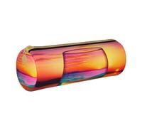 ANABPRMA Colorful Glass Drink Sunset Leather Pencil Pouch Cylindrical Pen Case for School Office Supplies with Zipper Closure Portable Bag