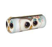 ANABPRMA Cute Owl with Flowers Leather Pencil Pouch Cylindrical Pen Case for School Office Supplies with Zipper Closure Portable Bag